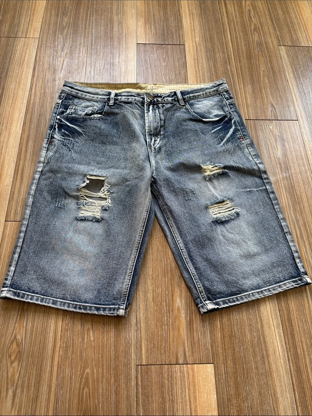 Amazon Men's Ripped Denim Shorts in Dark Blue and Light Blue Wash
